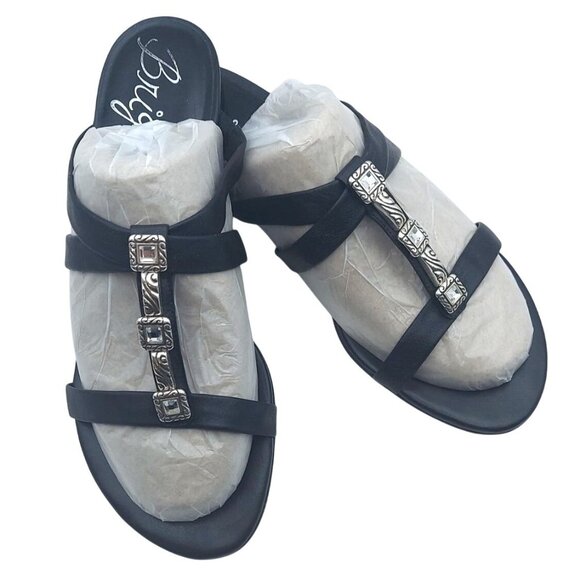 Brighton Nassau Black Leather Low Heel Slide Sandals 8.5M Silver Plated Crystal - Picture 1 of 11